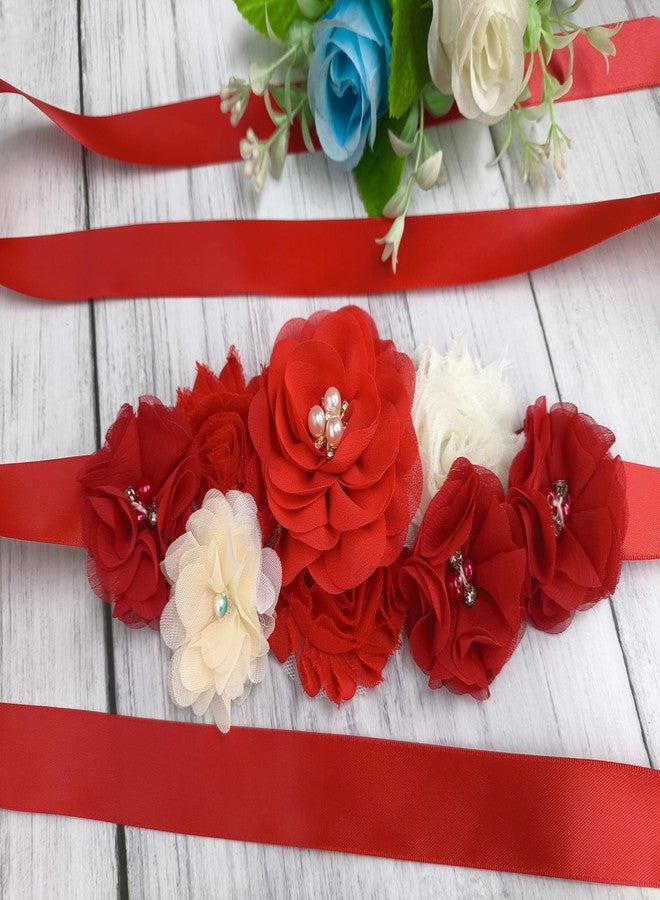 Oyabridal Wedding Bride Belt Floral Sash Belts for Maternity Dresses Floral Belt Sash Girls Women Baby Shower (Red) - Image 2